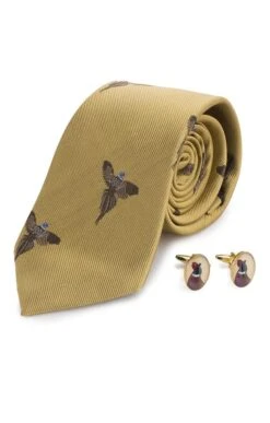 Flying Pheasant Silk Tie And Cufflinks