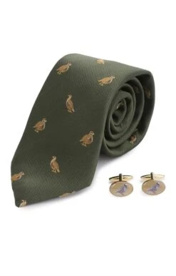 Partridge Silk Tie And Cufflinks