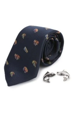 Fish And Reel Silk Tie And Cufflinks